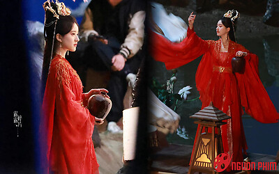 Cận cảnh tạo hình hồng y đẹp xuất sắc của Triệu Lộ Tư trên phim trường Thần Ẩn