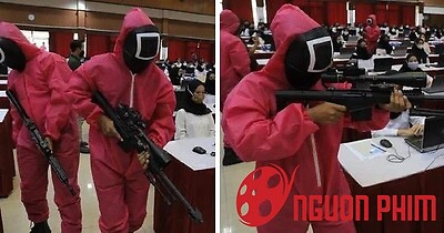 Giám thị hóa trang thành lính canh Squid Game, lượn quanh phòng thi chống gian lận