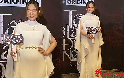 Lan Phương diện váy trắng thướt tha khoe bụng bầu ở sự kiện ra mắt phim mới